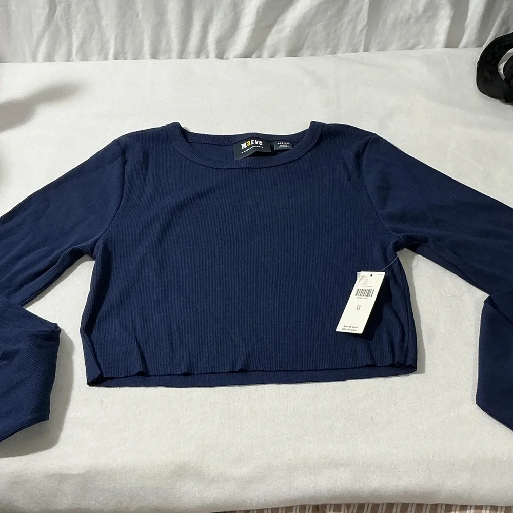 Maeve Navy Ribbed Long-Sleeve Crop Top
